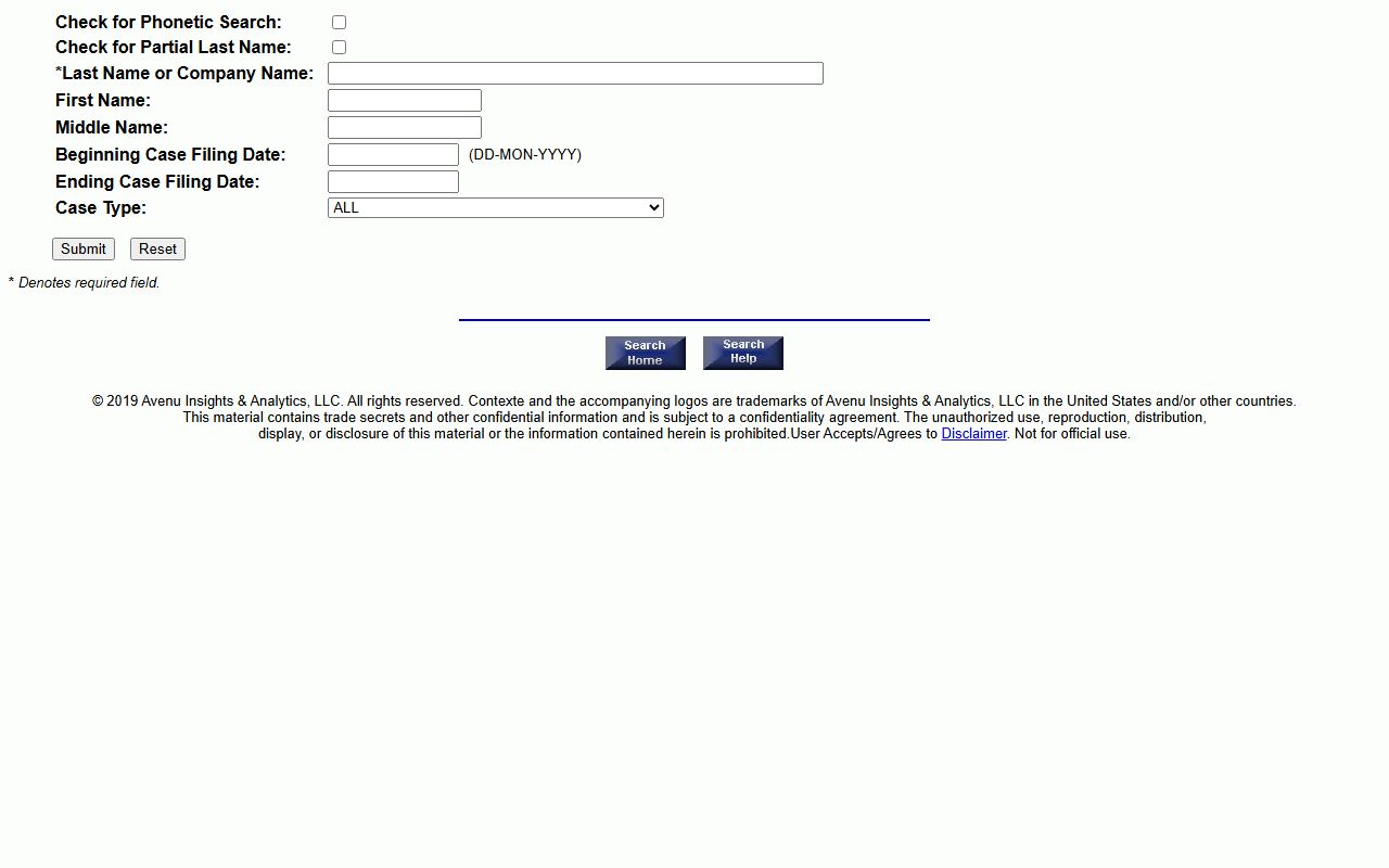 New Castle County court records search form on Delaware CourtConnect with name and case type fields