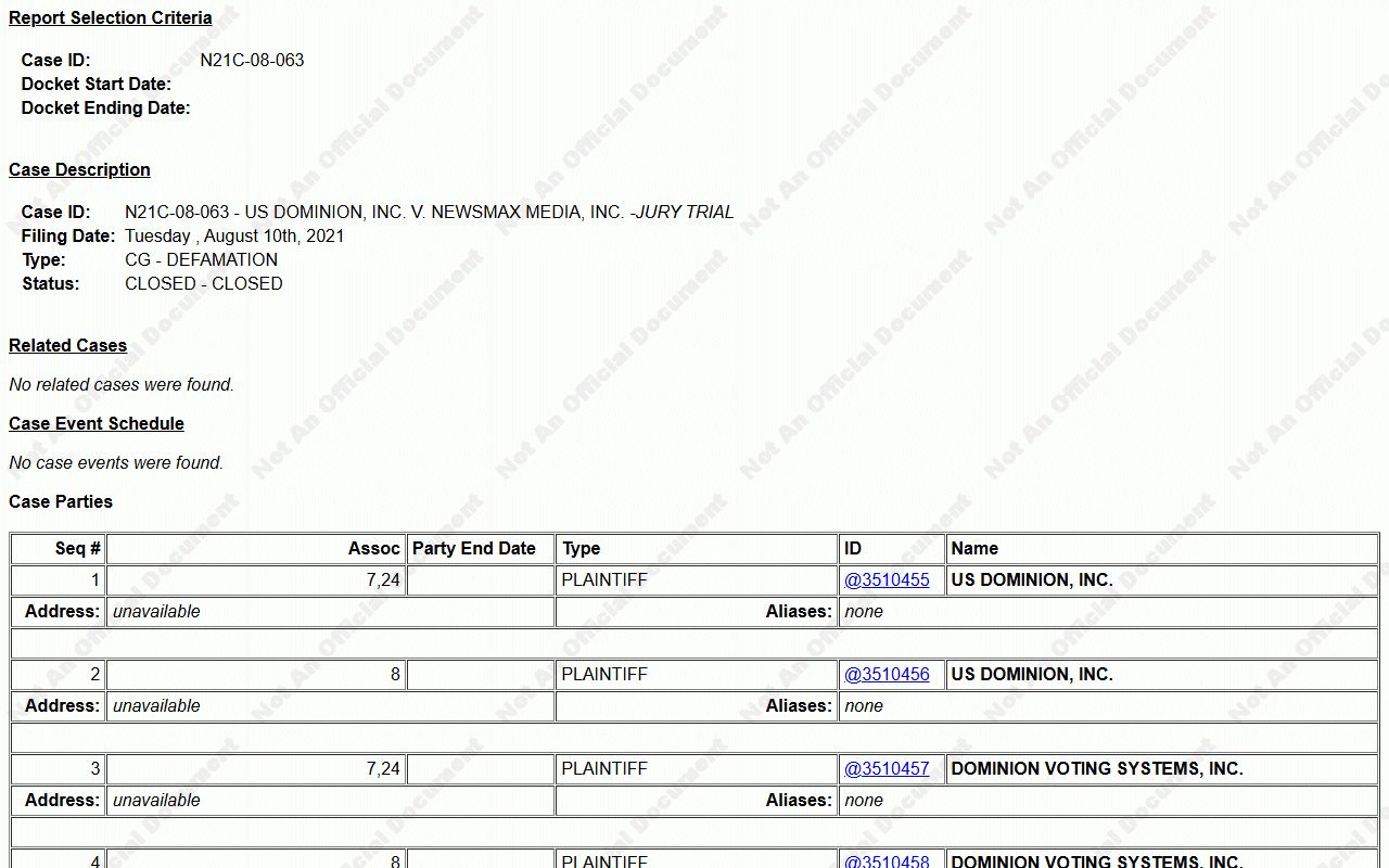 Sample New Castle County court records docket report on Delaware CourtConnect