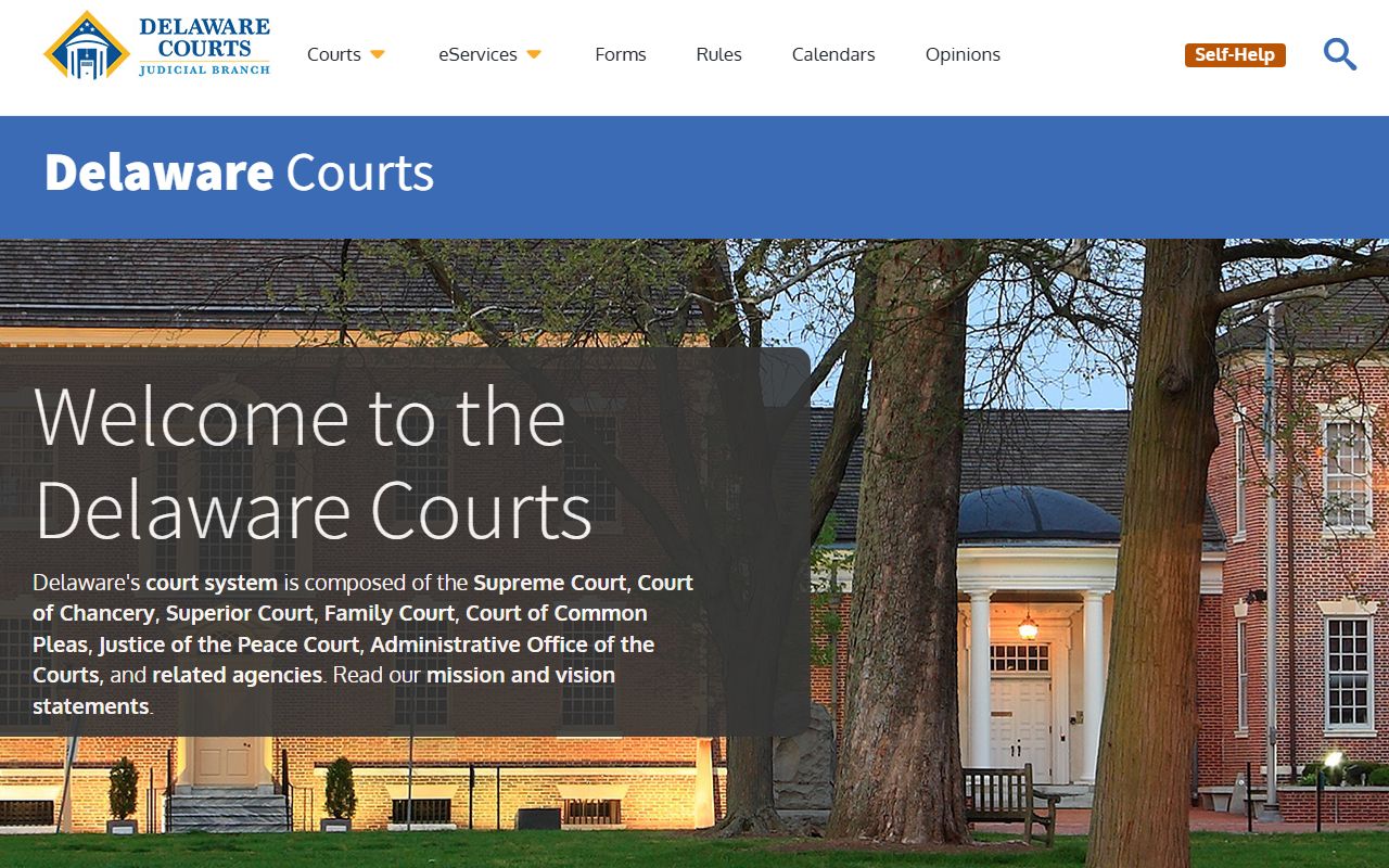 New Castle County court records portal on the Delaware Courts homepage