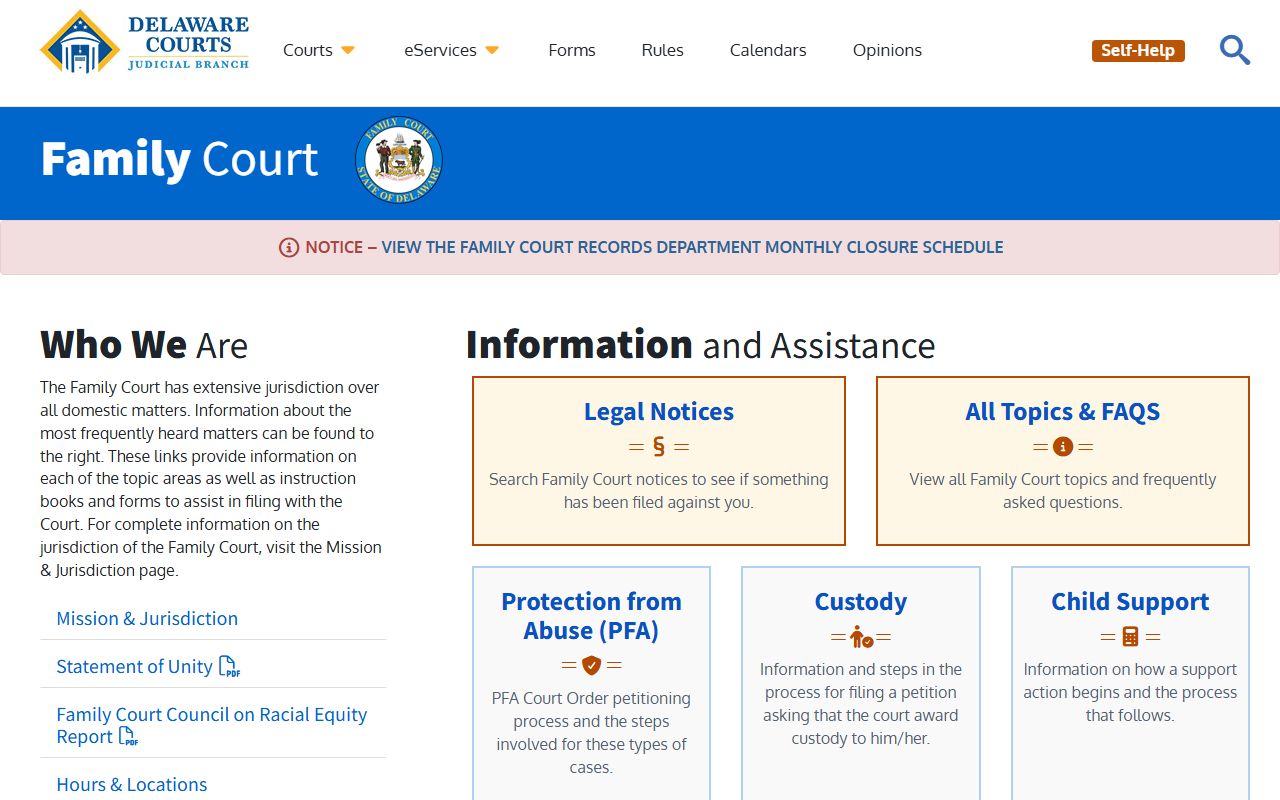 New Castle County court records on the Delaware Family Court page