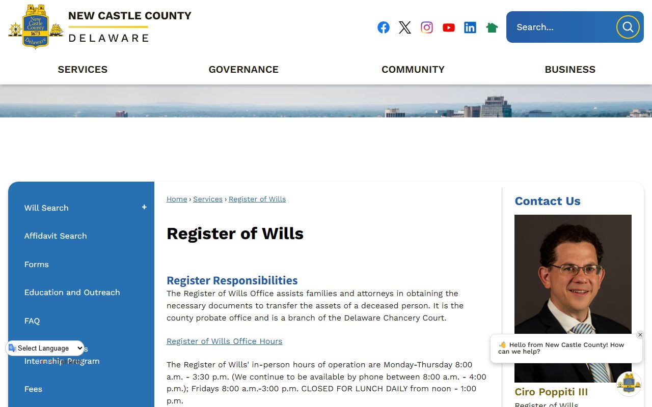 New Castle County court records context on the Register of Wills page