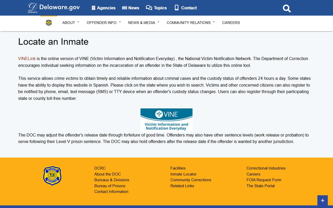 New Castle County court records linked from the Delaware DOC inmate locator