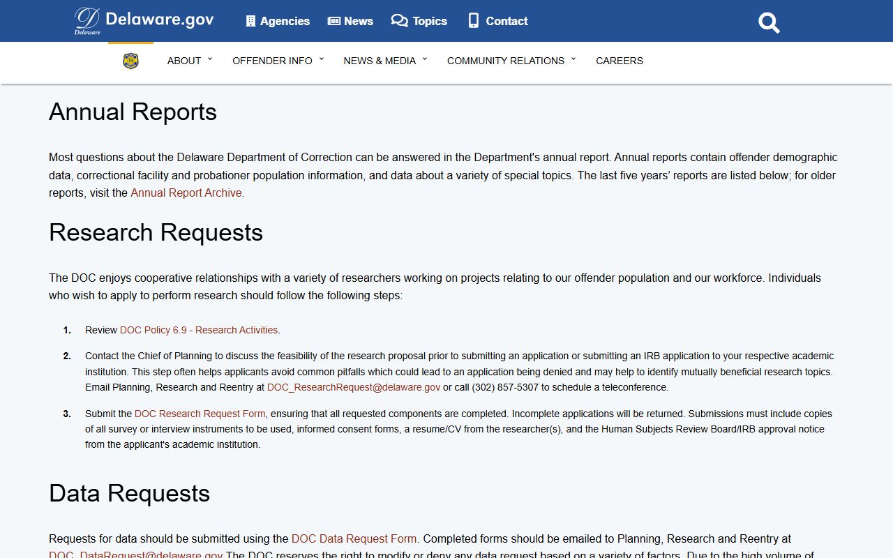 New Castle County jail population data sits on the Delaware DOC research and statistics page