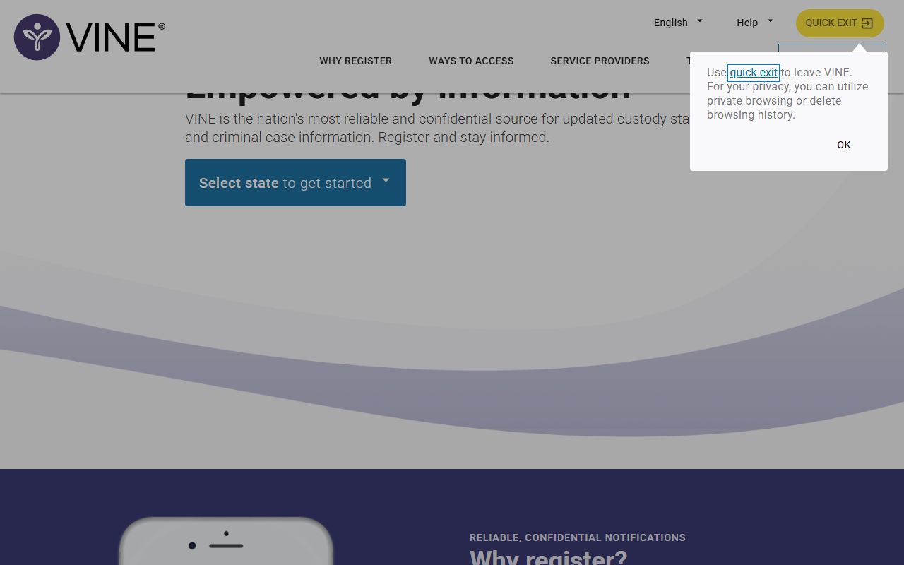 New Castle County inmate search starts with the VINELink state selection map
