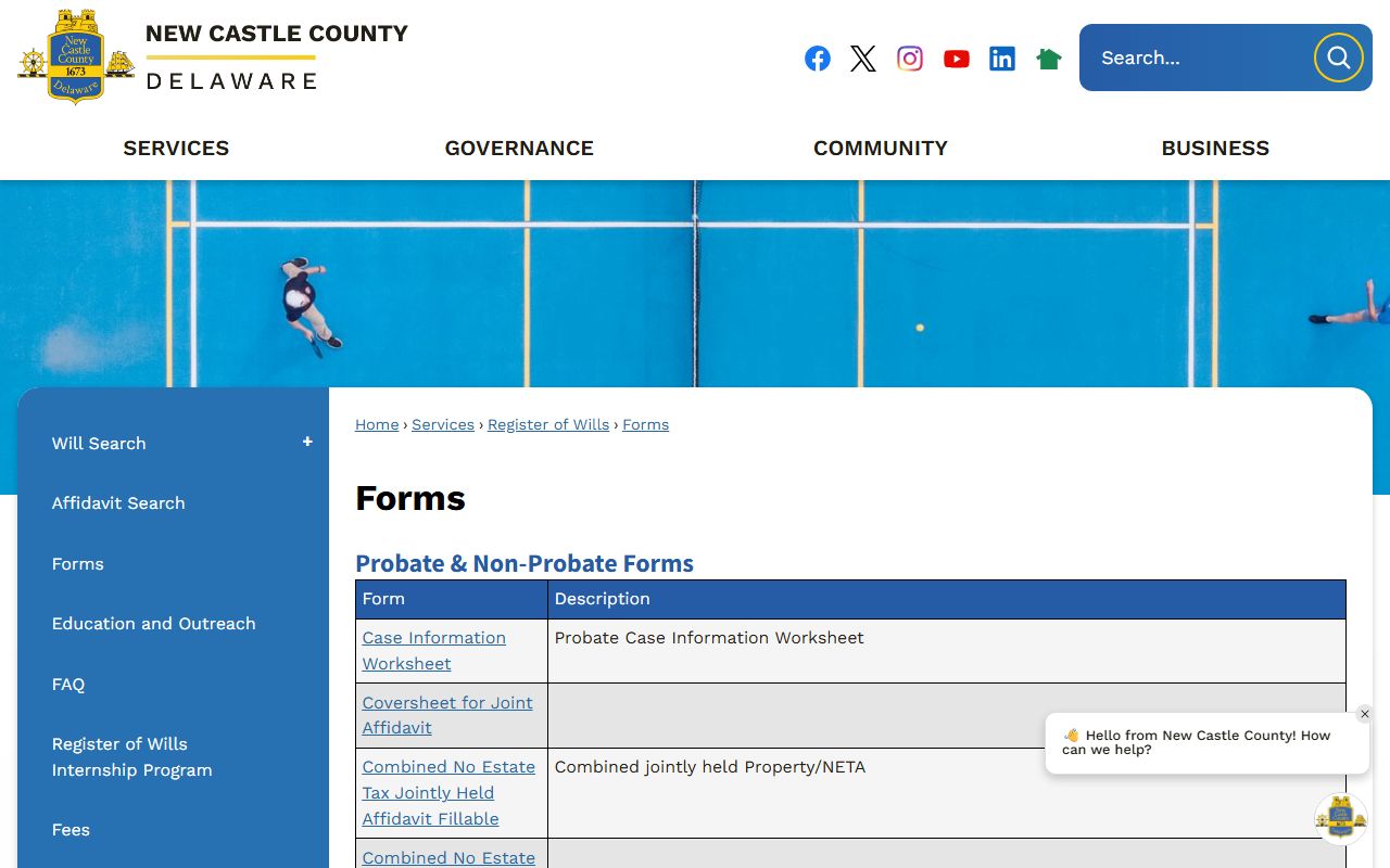 New Castle County Register of Wills probate forms page for estate filings