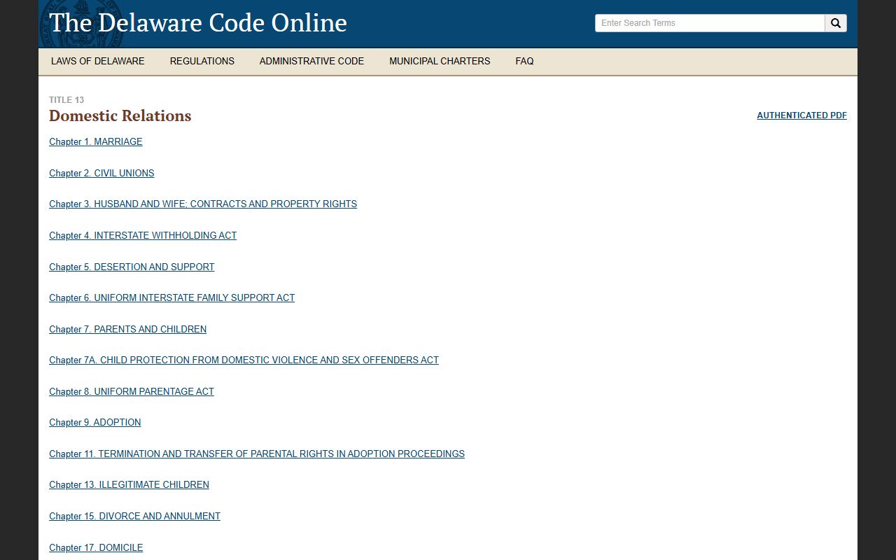 Delaware domestic relations and adoption statutes that frame New Castle County Register of Wills work