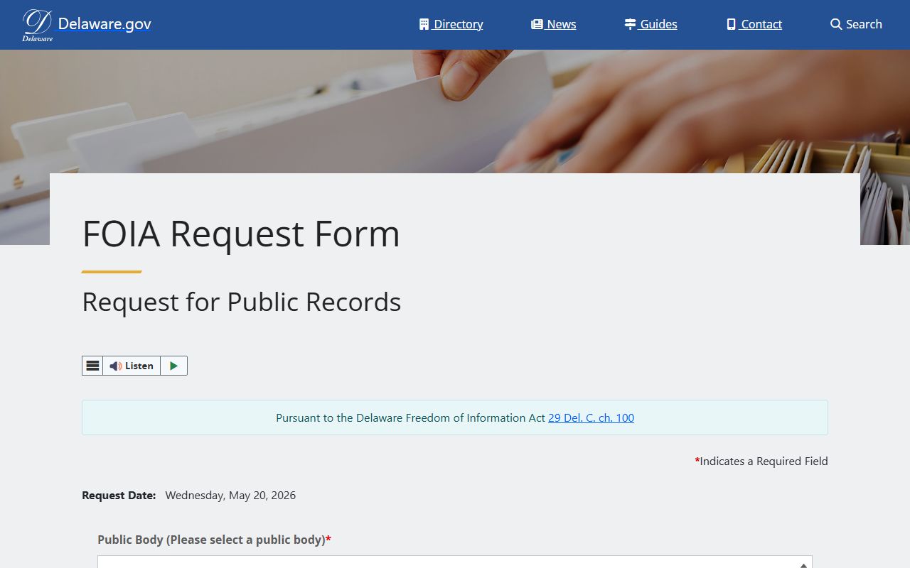 Delaware FOIA portal for public records requests, separate from New Castle County Prothonotary court records