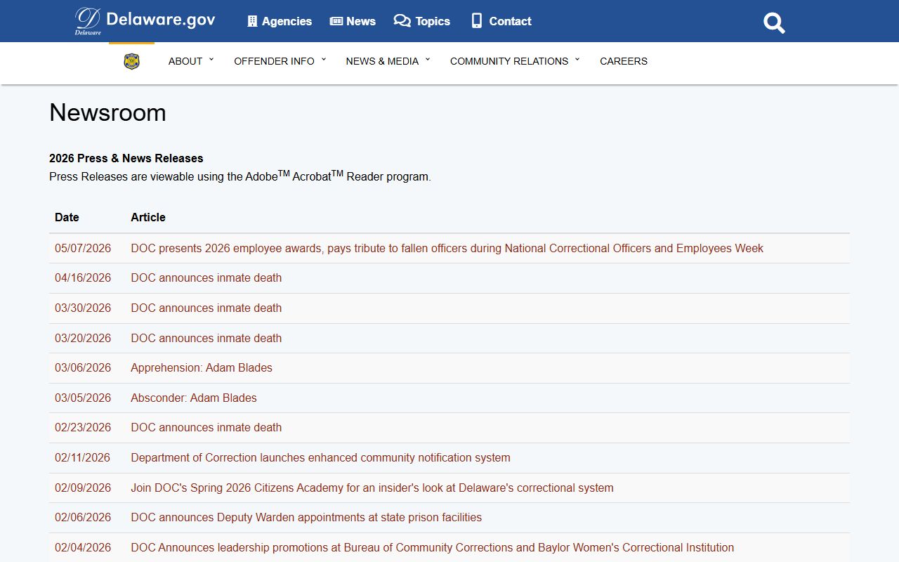 New Castle County released inmate news is posted on the Delaware DOC newsroom
