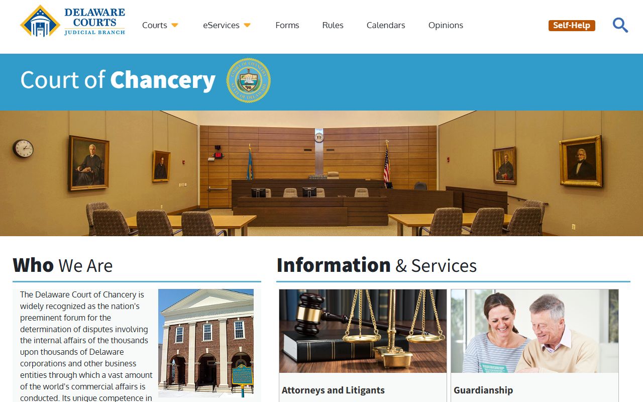 Delaware Court of Chancery page showing equity court near New Castle County Superior Court