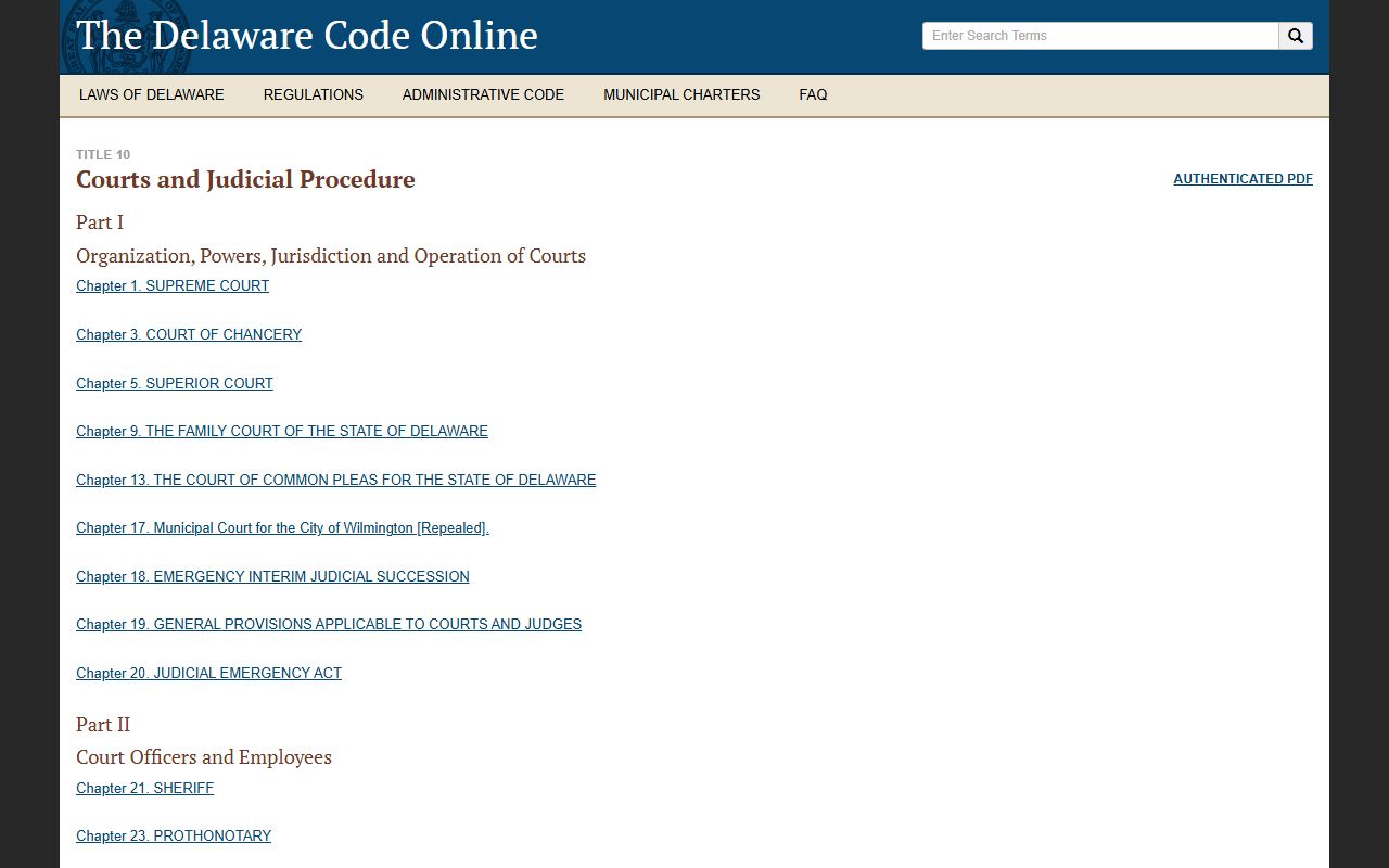 Delaware Code Title 10 page covering New Castle County Superior Court statutes