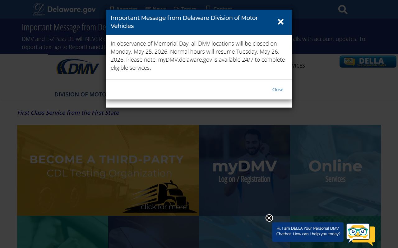 Delaware DMV homepage used for New Castle County traffic court records context