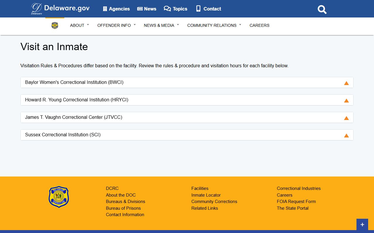 New Castle County inmate visitation rules sit on the Delaware DOC Visit an Inmate page